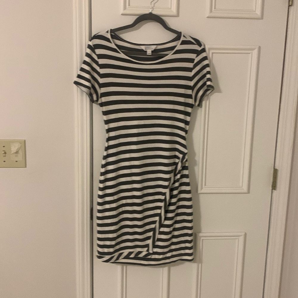 Olive striped cotton dress, flattering tummy panel